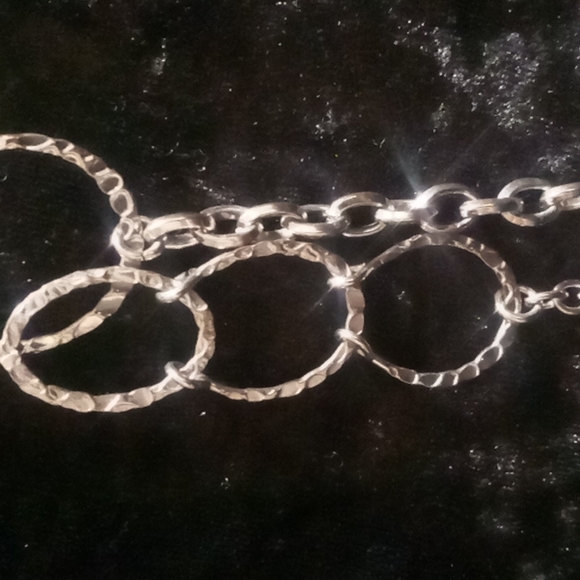 Unique stacked linked Circle long chain hammered silver. 34 inches - Picture 4 of 7